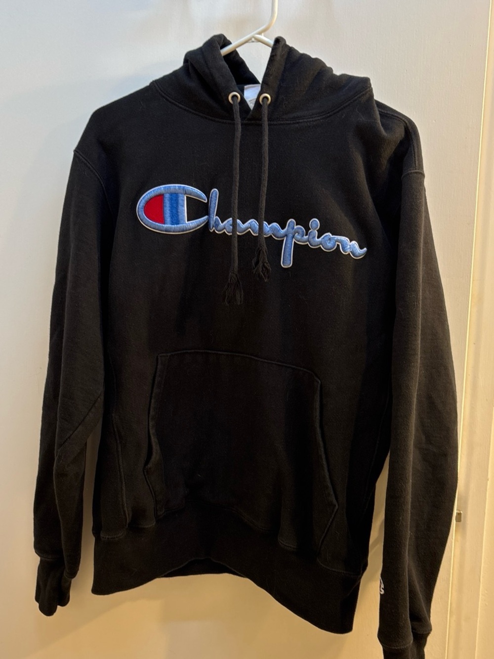 Champion Men's Black Crewneck Hoodie with Blue & Red Logo